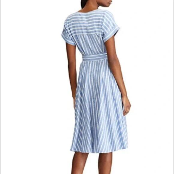 Chaps Blue & White Stripped Midi Shirt Dress Linen Blend Belted Full Circle L - Picture 4 of 11